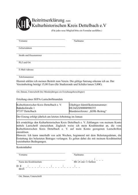 Beitrittserklärung zum Kulturhistorischen Kreis Dettelbach e.V. (PDF)
